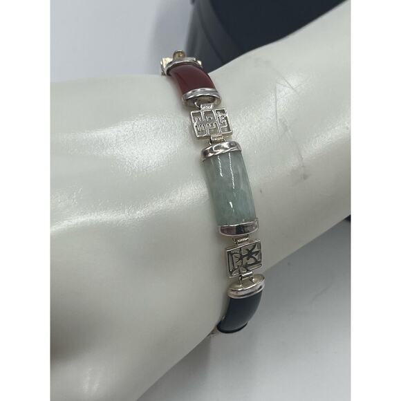 Vintage 1960's Signed Chinese Jadeite Sterling Panel Link Bracelet 7.5" Length - Picture 5 of 14